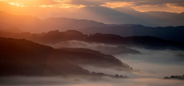 Ландшафт Горах Восходе Солнца Вид Туманные Холмы Долину Покрытую Лесом — стоковое фото