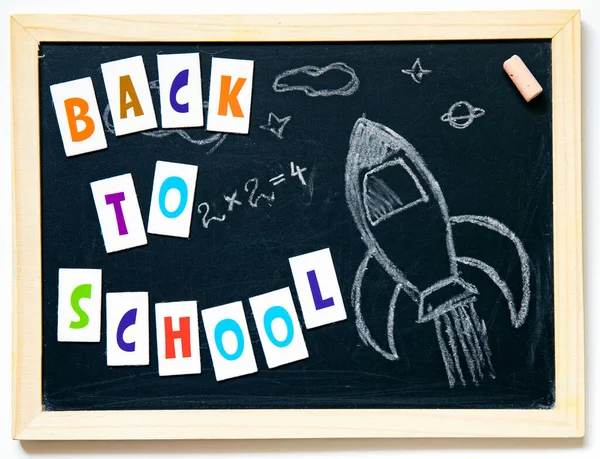 Voltar Conceito Escola Com Foguete Desenhado Mão Texto Quadro Negro — Fotografia de Stock