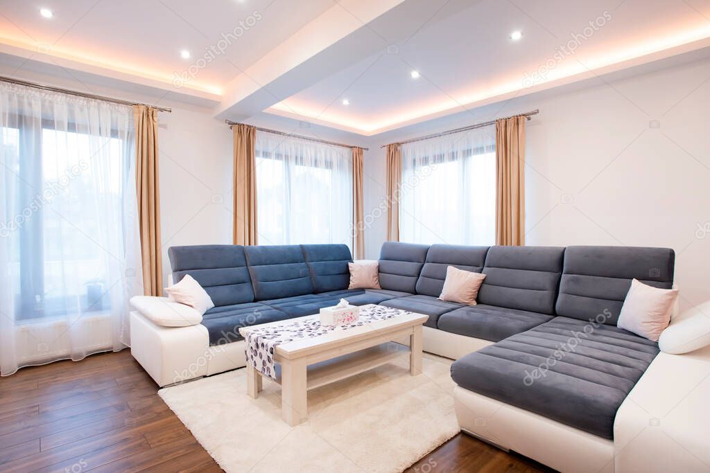 Modern living room interior - wide angle photo.
