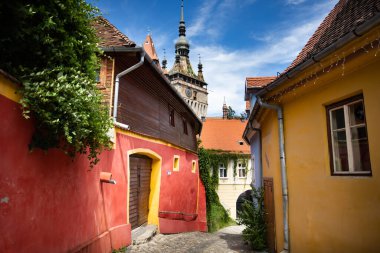Sighisoara, Romanya. Taş, Avrupa 'nın Transilvanya bölgesindeki Sighisoara kalesinde renkli evleri olan eski sokakları asfaltladı.
