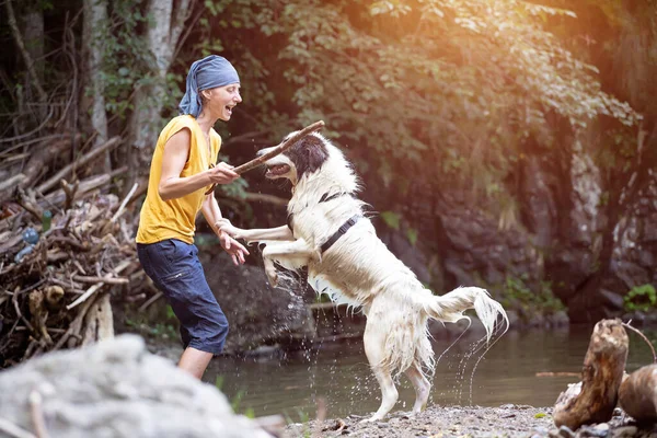 Young Woman Playing Her Dog Shallow River Water Woods — Stock Photo, Image