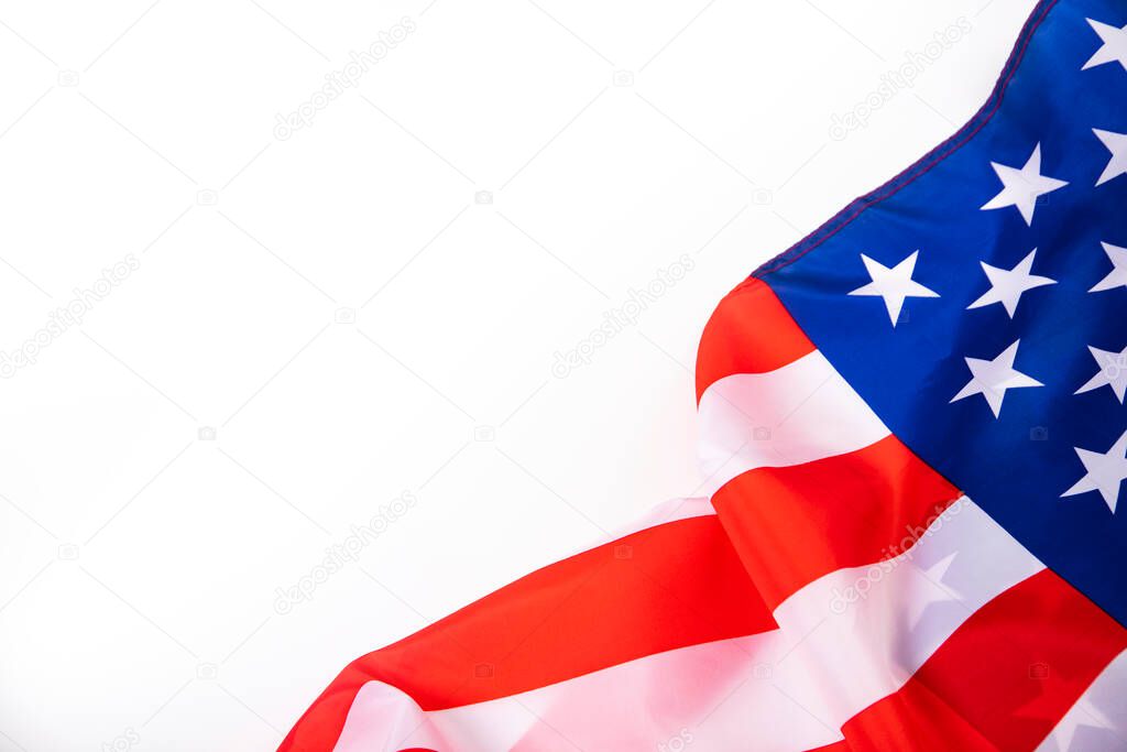 Top view of Flag of the United States of America on white background. Independence Day USA, Memorial.