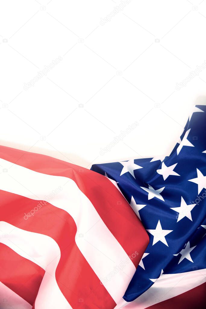 Top view of Flag of the United States of America on white background. Independence Day USA, Memorial.