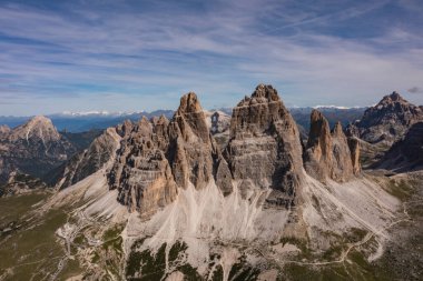 Aerial view of Dolomite mountains at Tre Cime di Lavaredo, Italy, Europe (Drei Zinnen)