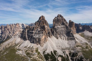 Aerial view of Dolomite mountains at Tre Cime di Lavaredo, Italy, Europe (Drei Zinnen)