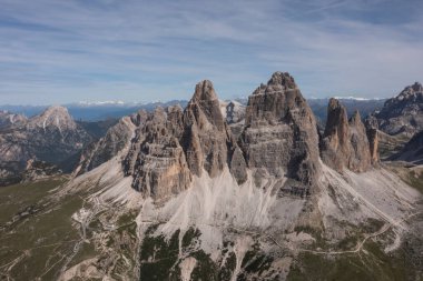 Aerial view of Dolomite mountains at Tre Cime di Lavaredo, Italy, Europe (Drei Zinnen)
