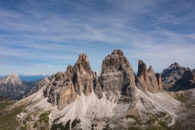 Aerial view of Dolomite mountains at Tre Cime di Lavaredo, Italy, Europe (Drei Zinnen)