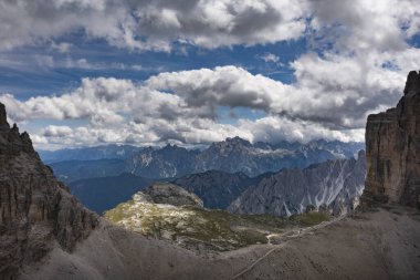 Aerial view of Dolomite mountains at Tre Cime di Lavaredo, Italy, Europe (Drei Zinnen)