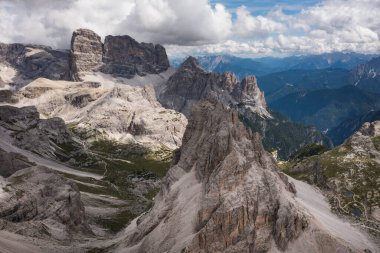 Aerial view of Dolomite mountains at Tre Cime di Lavaredo, Italy, Europe (Drei Zinnen)