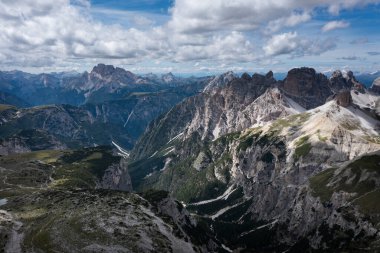 Aerial view of Dolomite mountains at Tre Cime di Lavaredo, Italy, Europe (Drei Zinnen)