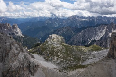 Aerial view of Dolomite mountains at Tre Cime di Lavaredo, Italy, Europe (Drei Zinnen)
