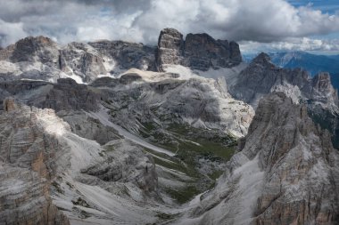 Aerial view of Dolomite mountains at Tre Cime di Lavaredo, Italy, Europe (Drei Zinnen)