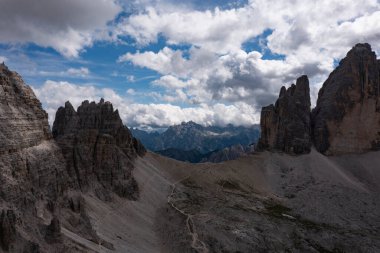 Aerial view of Dolomite mountains at Tre Cime di Lavaredo, Italy, Europe (Drei Zinnen)