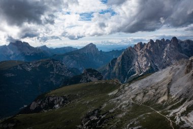 Aerial view of Dolomite mountains at Tre Cime di Lavaredo, Italy, Europe (Drei Zinnen)