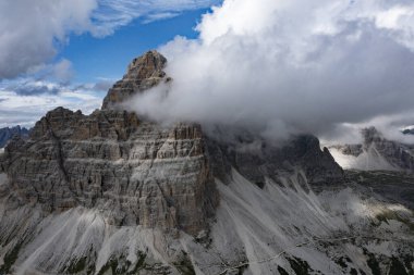 Aerial view of Dolomite mountains at Tre Cime di Lavaredo, Italy, Europe (Drei Zinnen)