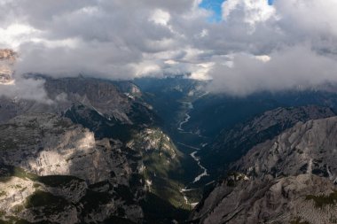 Aerial view of Dolomite mountains at Tre Cime di Lavaredo, Italy, Europe (Drei Zinnen)