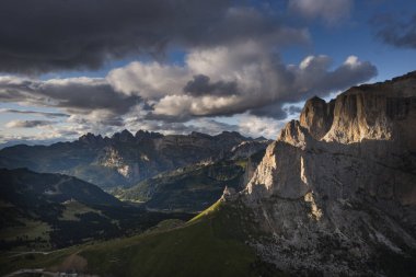 Aerial view at Sella pass in Italian Dolomite in South Tyrol, Italy.