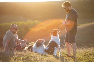 İki adam ve köpekleri güzel gün batımının tadını çıkarıyorlar..