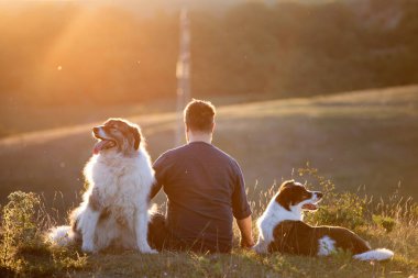 İnsan ve köpekleri güzel gün batımının tadını çıkarıyorlar..