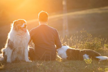 İnsan ve köpekleri güzel gün batımının tadını çıkarıyorlar..
