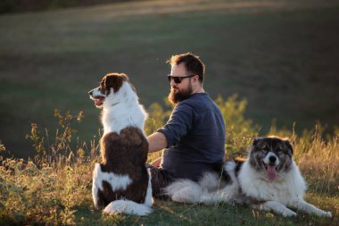 İnsan ve köpekleri güzel gün batımının tadını çıkarıyorlar..