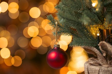 Christmas red ball on fir tree with bokeh holiday lights in the background with copy space
