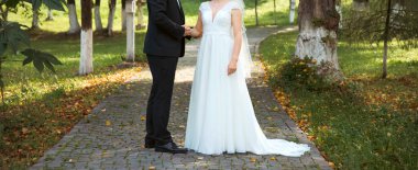  Yeni evlenmiş, gelin ve damat, panoramik afiş ve fotokopi alanı. Düğün ve aşk konsepti.