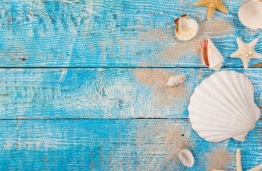 Zaman yolculuğu yaz. Deniz tatil arka plan çeşitli kabukları ile.