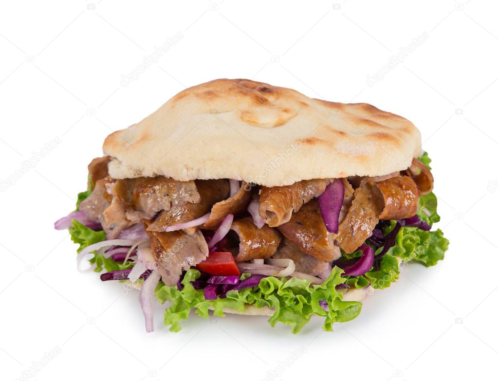 Turkish Doner Kebab Sandwich on white background.