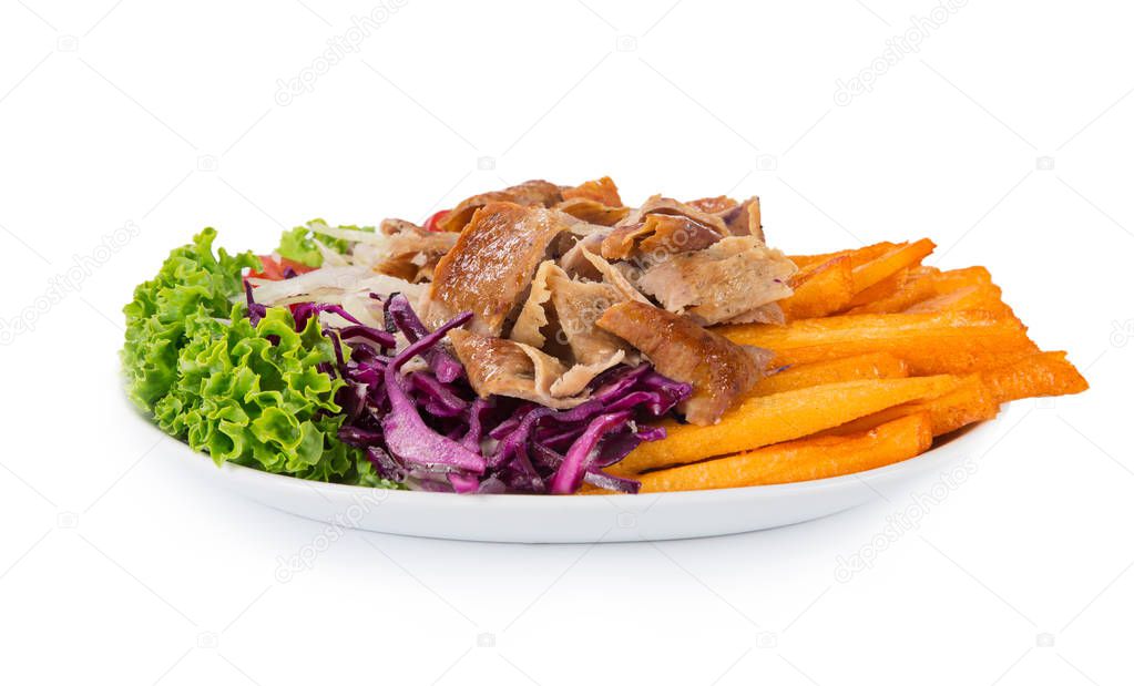 Turkish Doner Kebab plate on white background.