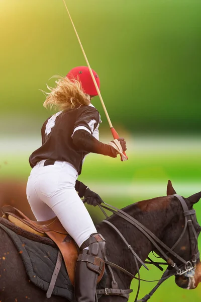 Polo kvinna spelare rider på en häst. — Stockfoto