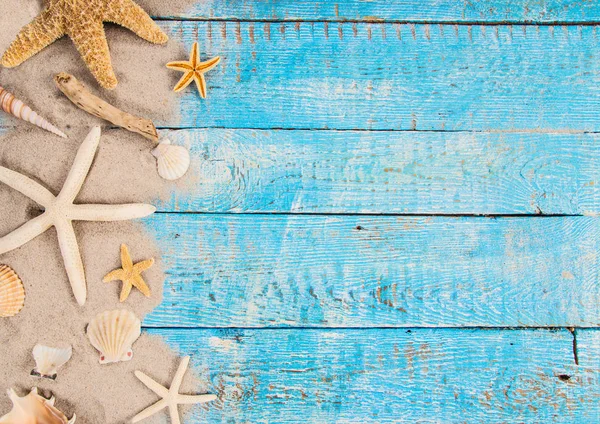 Tiempo de viaje de verano. Fondo de vacaciones de mar con varias conchas . — Foto de Stock
