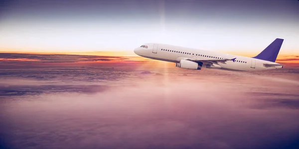 Avión comercial volando sobre nubes . — Foto de Stock