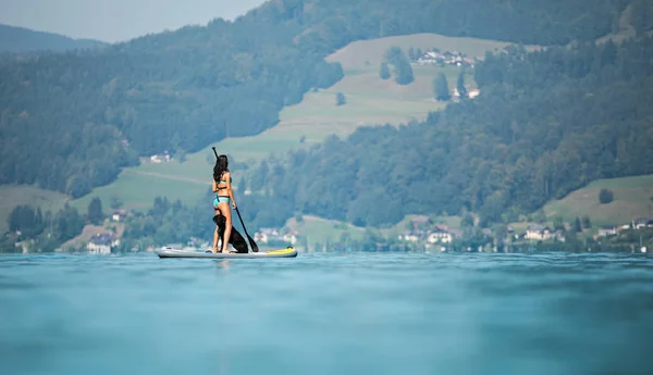 Vacker kvinna stående på paddel board med hennes hund. — Stockfoto