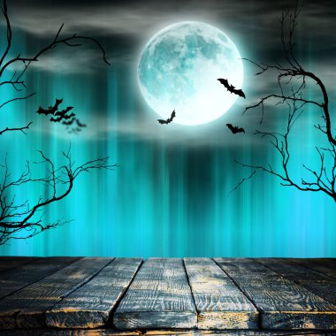 Spooky Halloween arka plan eski ağaçlar siluetleri ile.