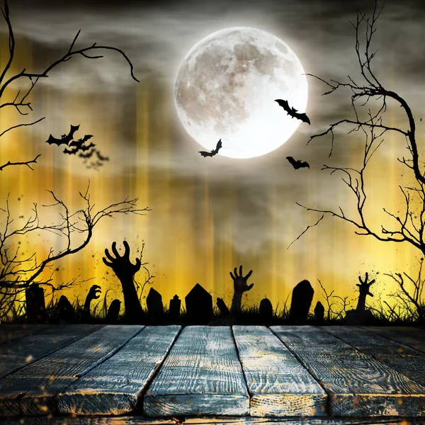 Spooky Halloween background with old trees silhouettes. — Stock Photo, Image