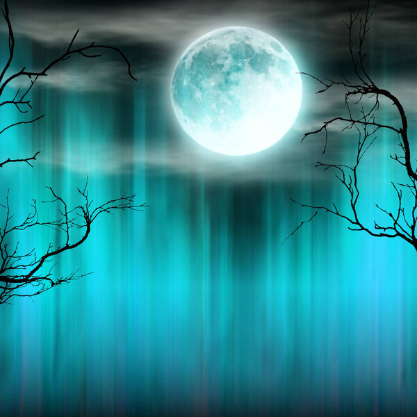 Spooky Halloween background with old trees silhouettes and shining moon.