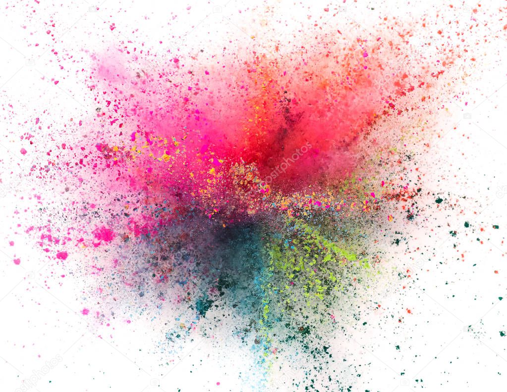 Colored powder explosion isolated on white background.