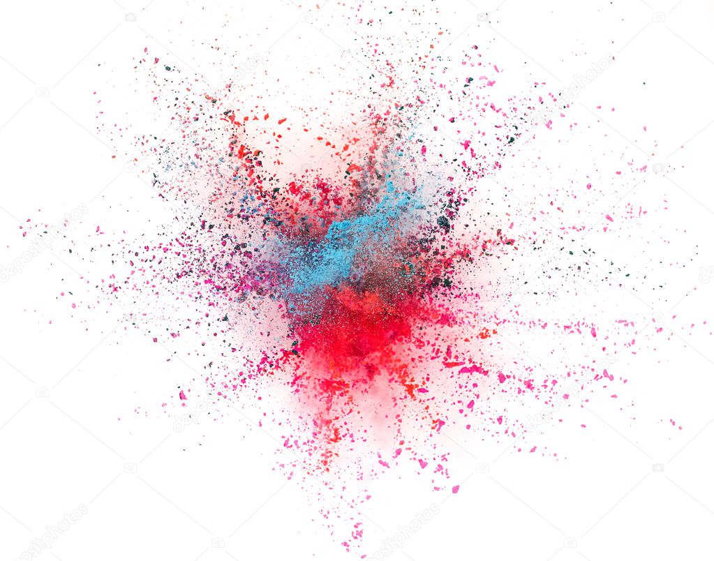 Colored powder explosion isolated on white background.