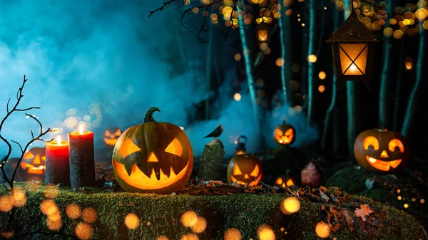 Halloween Kürbisse Auf Dunklem Gruselwald Mit Blauem Nebel Hintergrund — Stockfoto