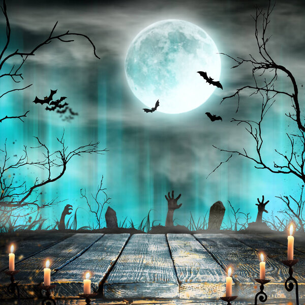 Spooky Halloween background with old trees silhouettes and flying bats.