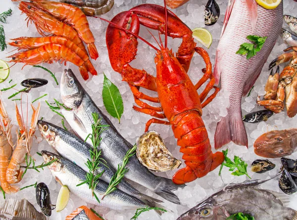 Fresh Tasty Seafood Served Old Wooden Table Top View Close — Stock Photo, Image