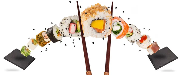 Bitar Utsökt Japansk Sushi Fryst Luften Isolerad Vit Bakgrund — Stockfoto