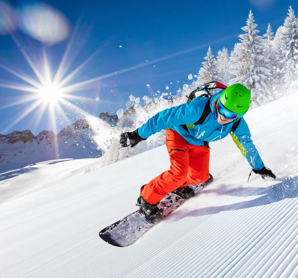 Active Man Snowboarder Riding Slope Beautiful Sunny Day Ountains — Stock Photo, Image