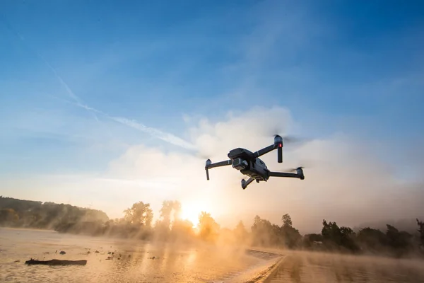 Drone Copter Digital Camera River Fog Background Modern Technology Uav — Stock Photo, Image