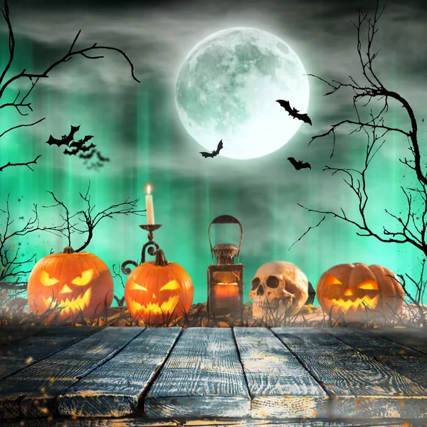 Citrouilles Halloween Sur Vieilles Planches Bois Avec Fond Effrayant — Photo