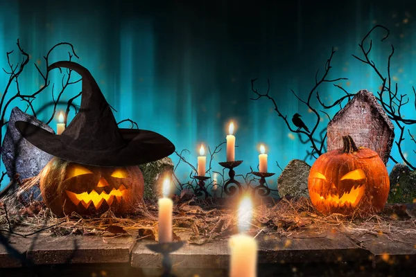 Abóboras Halloween Velhas Tábuas Madeira Com Fundo Assustador — Fotografia de Stock