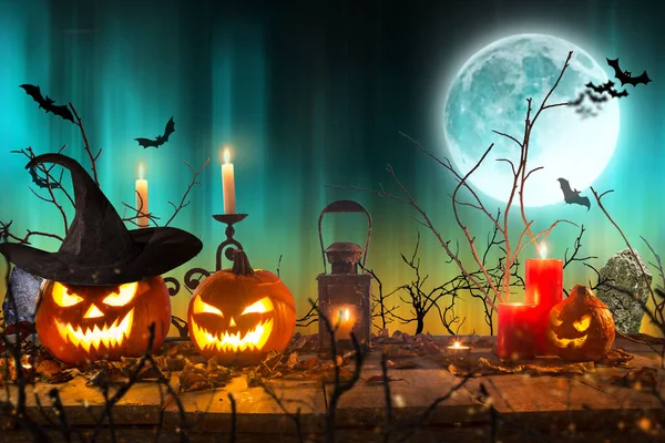 Halloween Dýně Starých Dřevěných Prken Strašidelné Pozadím — Stock fotografie