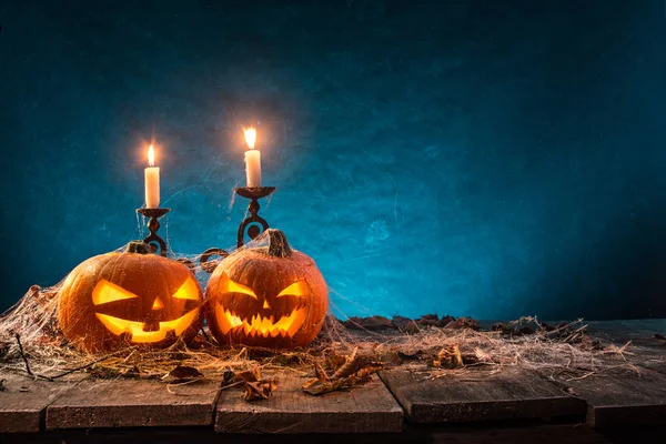 Abóboras Halloween Velhas Tábuas Madeira Com Fundo Assustador — Fotografia de Stock