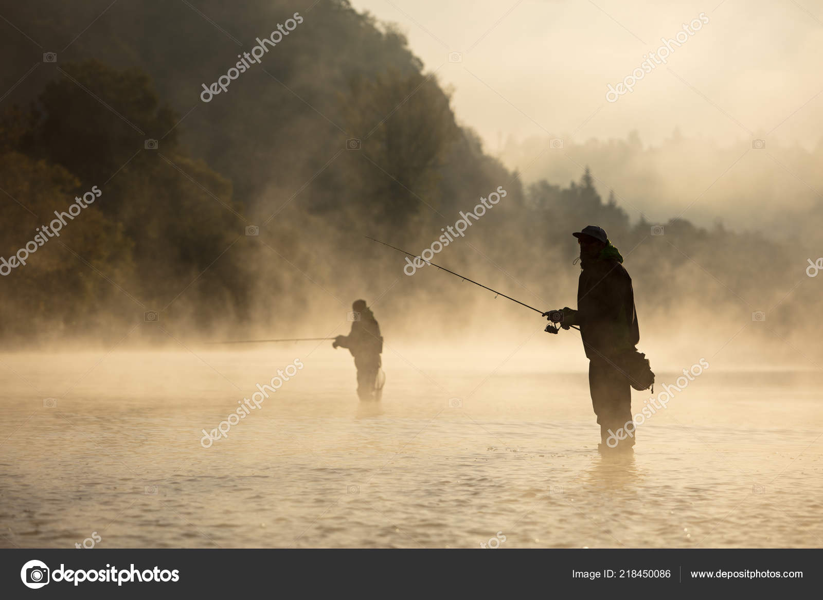Men Fishing River Fly Rod Summer Morning Beautiful Fog Stock Photo